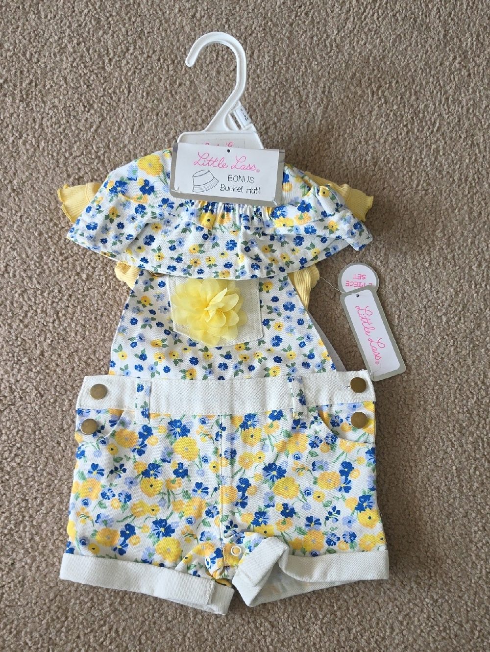 6/9 Mos Little Lass Yellow and Blue Floral Overalls 3 Pc Set NWT - Picture 2 of 5